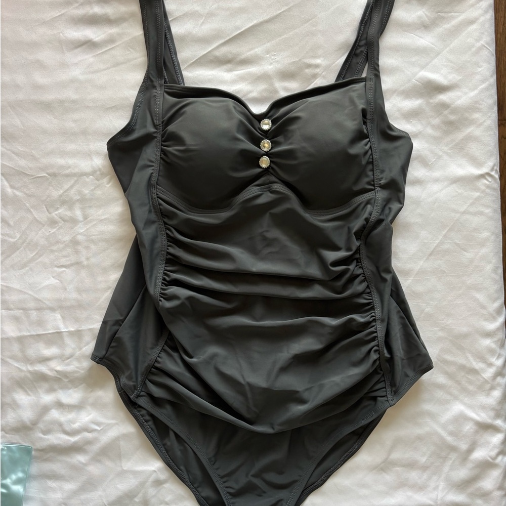 Elegant charcoal Gray One-Piece Swimsuit with Button Detail